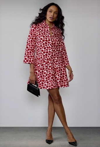 New York & Company Red Poppy Floral Pleated Drop Waist Mini Dress Size M EUC - Picture 1 of 20