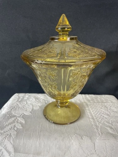 Vintage Federal Glass Amber Sharon Cabbage Rose Candy Dish With Lid