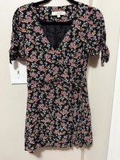 LOFT Women’s Size 0 Romper Dress V-Neck Short Sleeve Floral Black Chiffon Tie