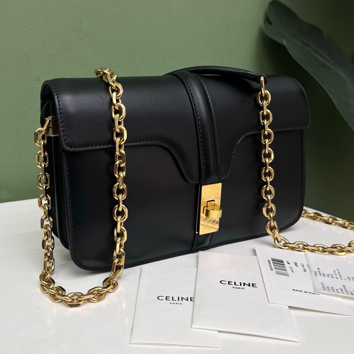 Celine 16Bag Black Gold Chain Turn Lock Bag Crossbody Bag Shoulder