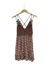 Trixxi Brown Crochet Lace Floral Boho Festival Dainty Ruffle Mini Dress Womens S