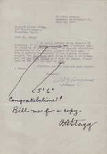 AMOS ALONZO STAGG - AUTOGRAPH NOTE SIGNED CO-SIGNED BY: A. M. WEYAND