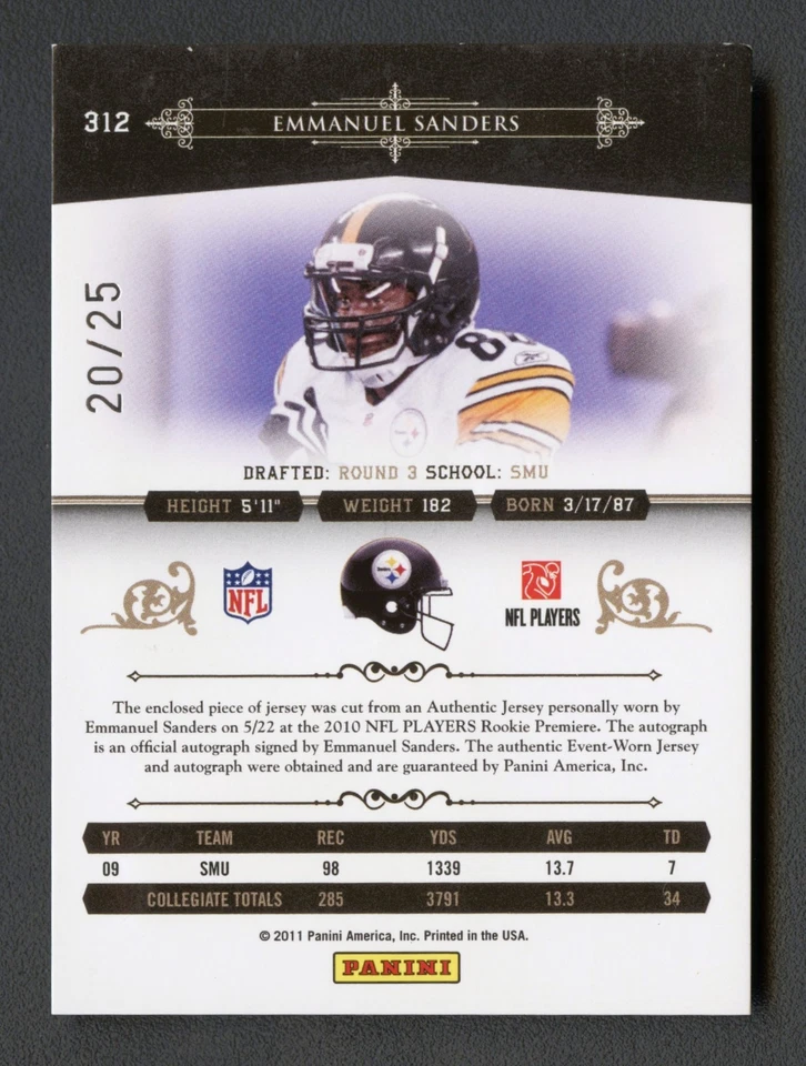 EMMANUEL SANDERS 2010 TESOROS NACIONALES LOGOTIPO DORADO PARCHE DE NOVATO AUTO RC RPA/25 Foto 2 de 2