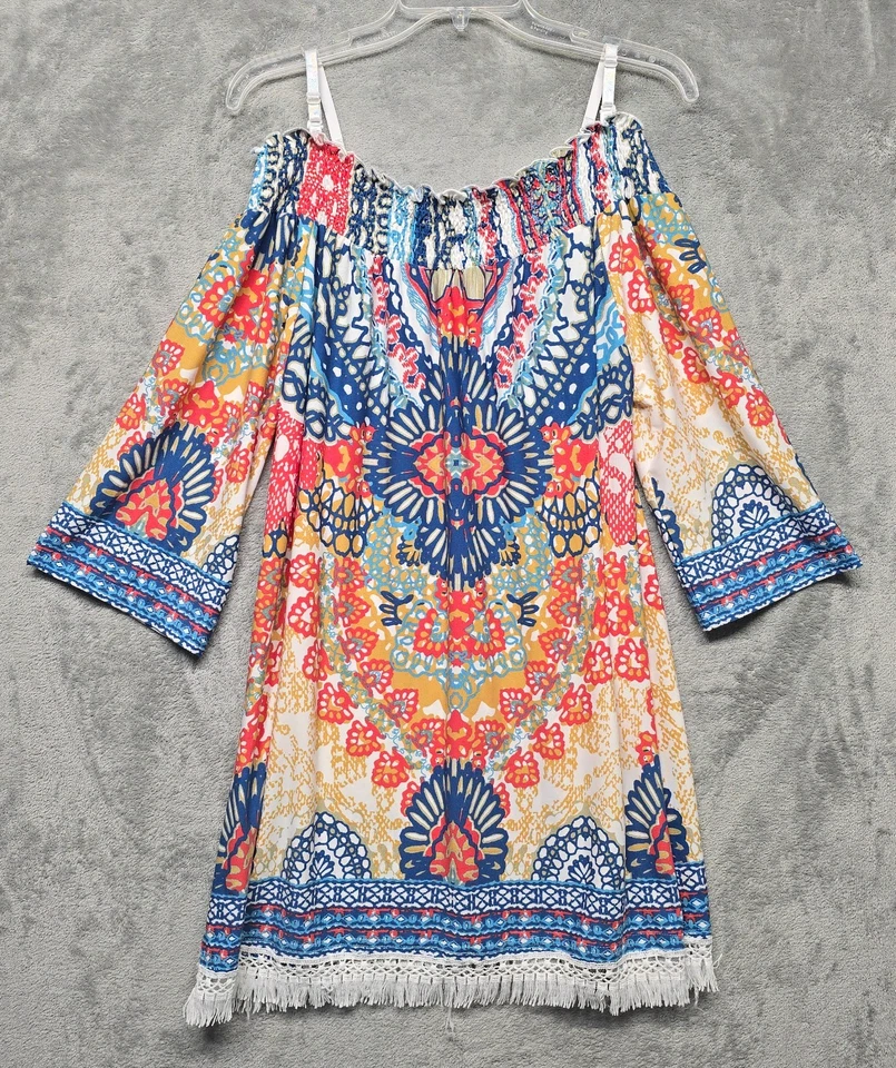 Calessa Top Womens Sz Medium Blue Orange White Multi Off Shoulder Fringe - Image 2 of 4