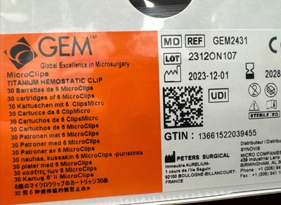 Box Of 30, Syno GEM Microclips Titanium Hemostatic Clips, 2028-11-30 Expiration.