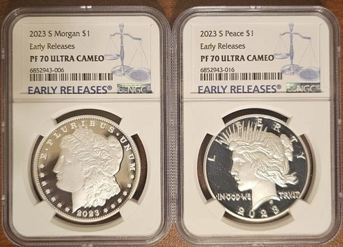 2023-S Morgan & Peace Dollars 2-Coin Set - NGC PF70 Ultra Cameo ER Blue Label