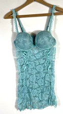 Cassandra Negligee Nightie Sheer Lace Push Up Bra Aqua Blue Bridal Valentines S