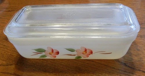 Vintage Fire King Peach Blossom Rectangular Refrigerator Dish w/Lid