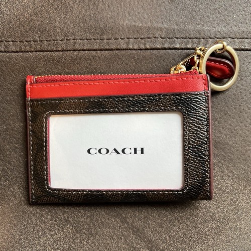Coach Mini Skinny Id Case In Signature Canvas Red Brown Black - Picture 2 of 6