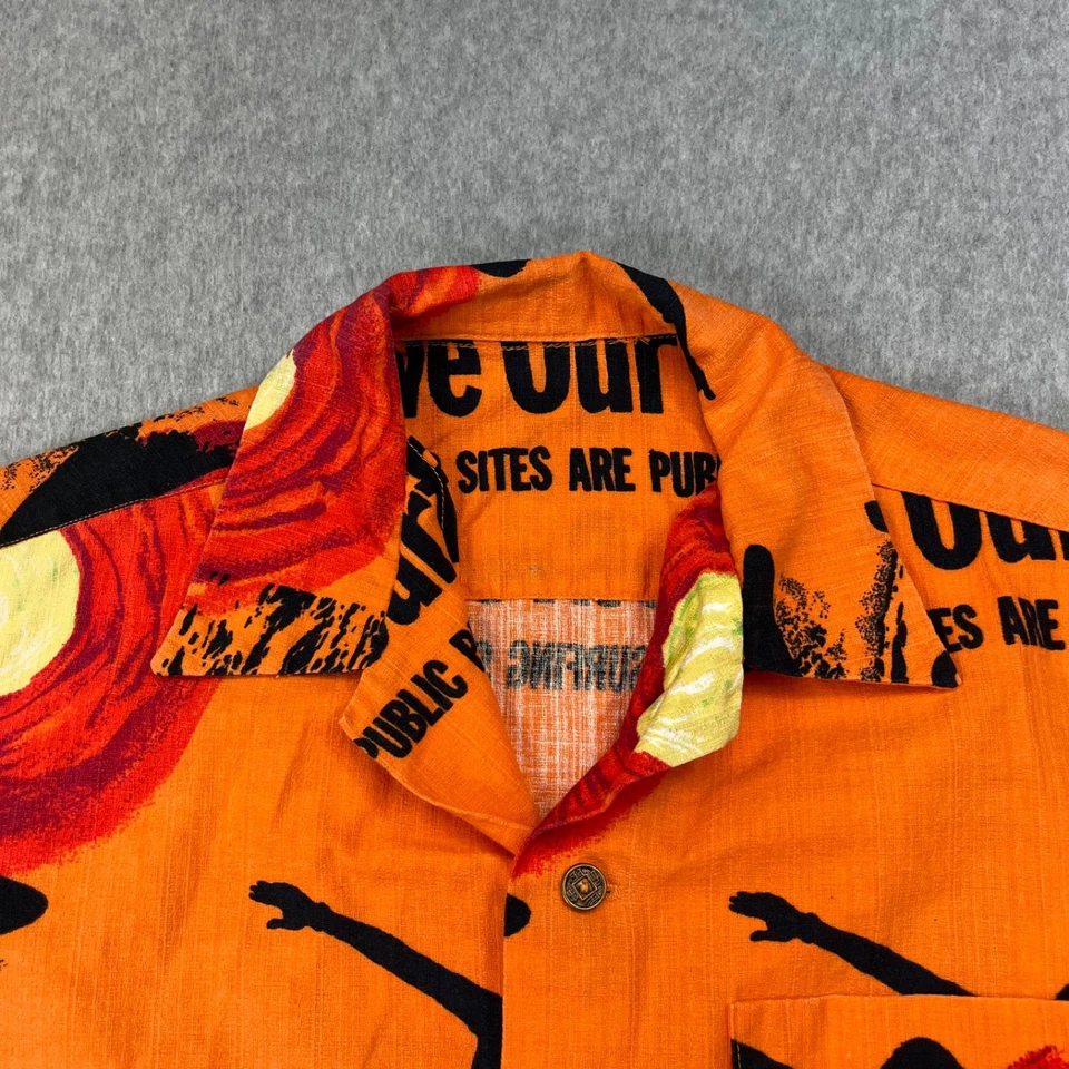 Vintage 1960s Evelyn Margolis Button up Shirt Mens XL Orange Save Our Surf *Rare - Image 2 of 4
