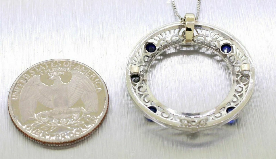 Antiguo colgante Art Deco círculo de zafiros y diamantes - platino - collar de 22" Foto 4 de 4