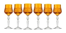 Neman Handmade Crystal Shot Glasses, Amber Color Stemmed Vodka, Liquor. Set of 6