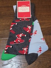 Holiday Time 2 Pair Mens Christmas Socks Crew Size 6-12 NEW Santa Snowboarding
