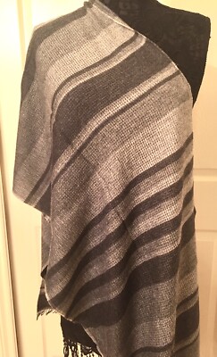 Hugo Boss Men Scarf Gray Striped Two Tone Fringed Trim 74'' x 19