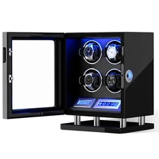 Automatic 4 Watch Winder Fingerprint Unlock Display Watch Box LED LCD Touch Gift
