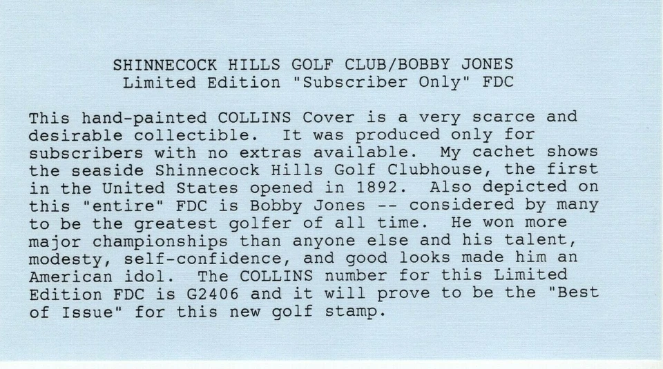 USPS FDC #2965 1995 32c Golf Limited Ed. Subscriber Only Collins Cachet ST2240 - Image 2 of 4