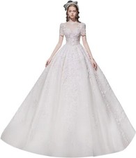 GREOENEL Amor Puff Sleeves High-Neck Shining Backless Elegant Wedding Dresses