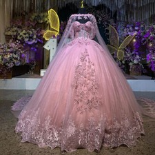 Pink Illusion Sequined Quinceanera Dresses With Cape Beading Corset Vestidos 15