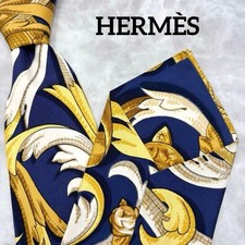 Excellent condition HERMES Scarf Pattern HERES Silk Tie Bridle Elegance Wide Nav