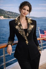 St John By Marie Gray Black Embellished Knit Jacket Seahorse Closure Sea Motif