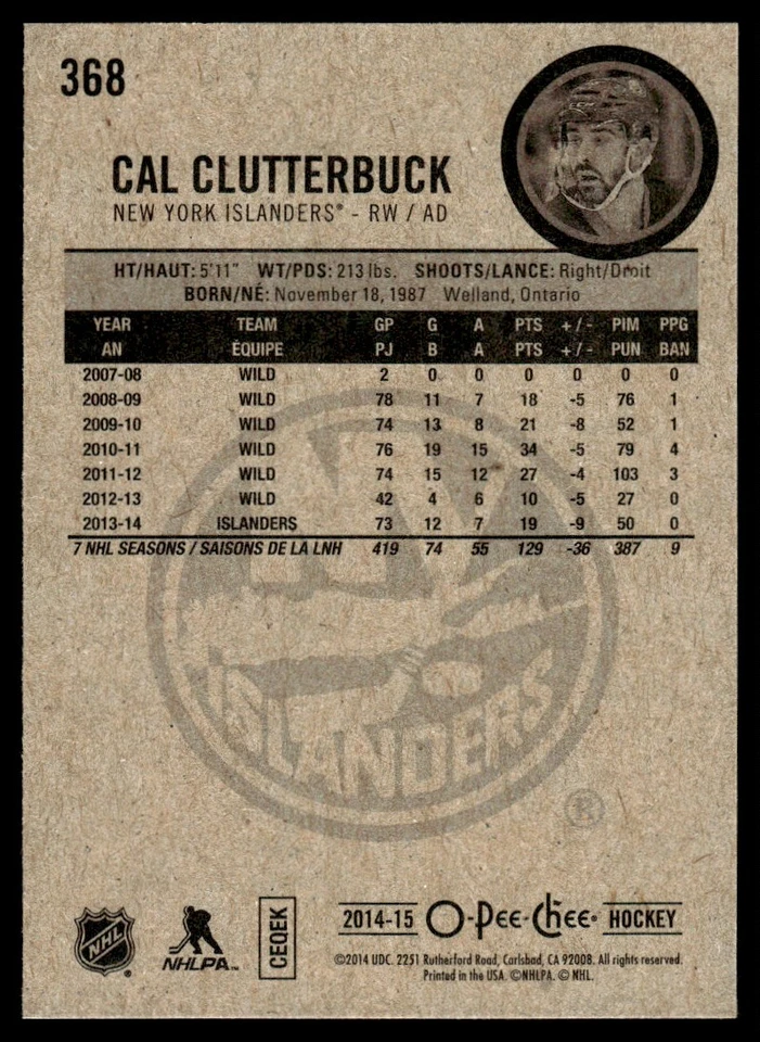 2014-15 O-Pee-Chee Red Cal Clutterbuck New York Islanders #368 - Image 2 of 2