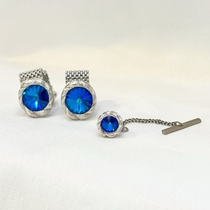 Vintage Ice Blue Lava Glass Iridescent Silvertone Mesh Cufflinks with Tie Clip 