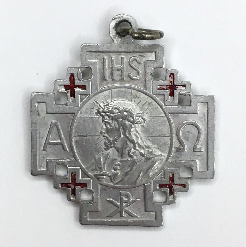 Vintage Catholic Crusade Cross Medal Jesus IHS Alpha Omega Chi-Rho Red Enamel