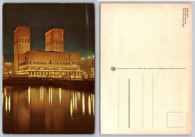 Vintage Oslo City Hall Rådhuset Night Scene Postcard Norway F 66 Oppi A.S.