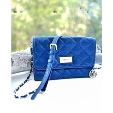 DKNY Quilted Cobalt Blue Leather Crossbody Bag Silver Chain Strap Shoulder Purse