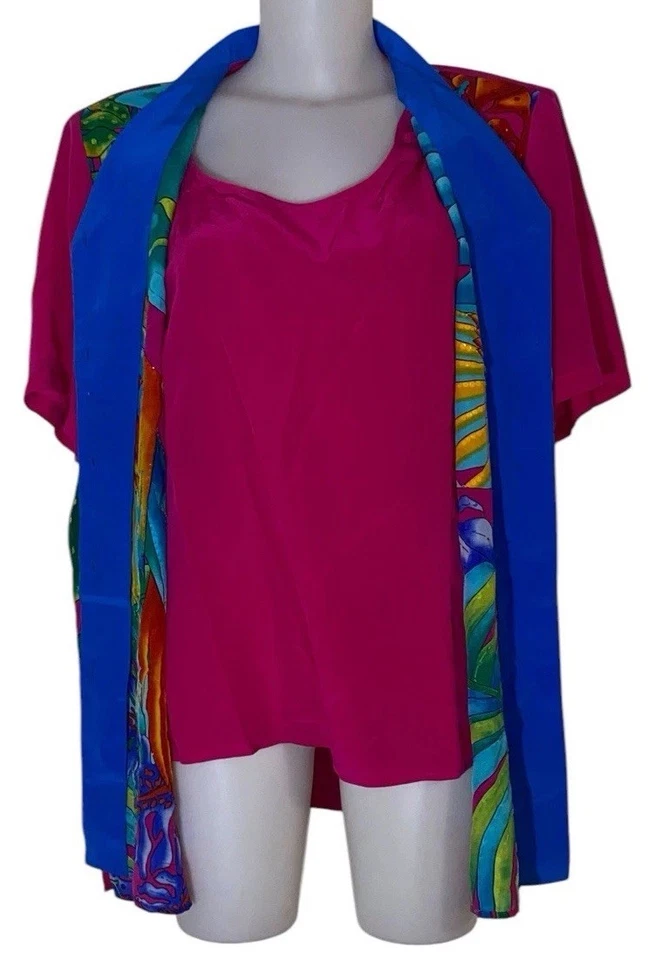 Top túnica psicodélica con cuentas de loro tropical de seda talla 1X de Diane Gilman de colección para mujer Foto 2 de 4