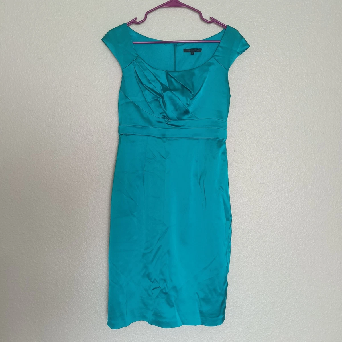 david meister green dress David Meister Green Sheath Dress Size 12 Ruched Waist 3/4 Sleeve Cocktail