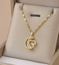 Womens Necklaces Heart Pendant 18K Gold Plated Stainless Steel Beaded Jewelry