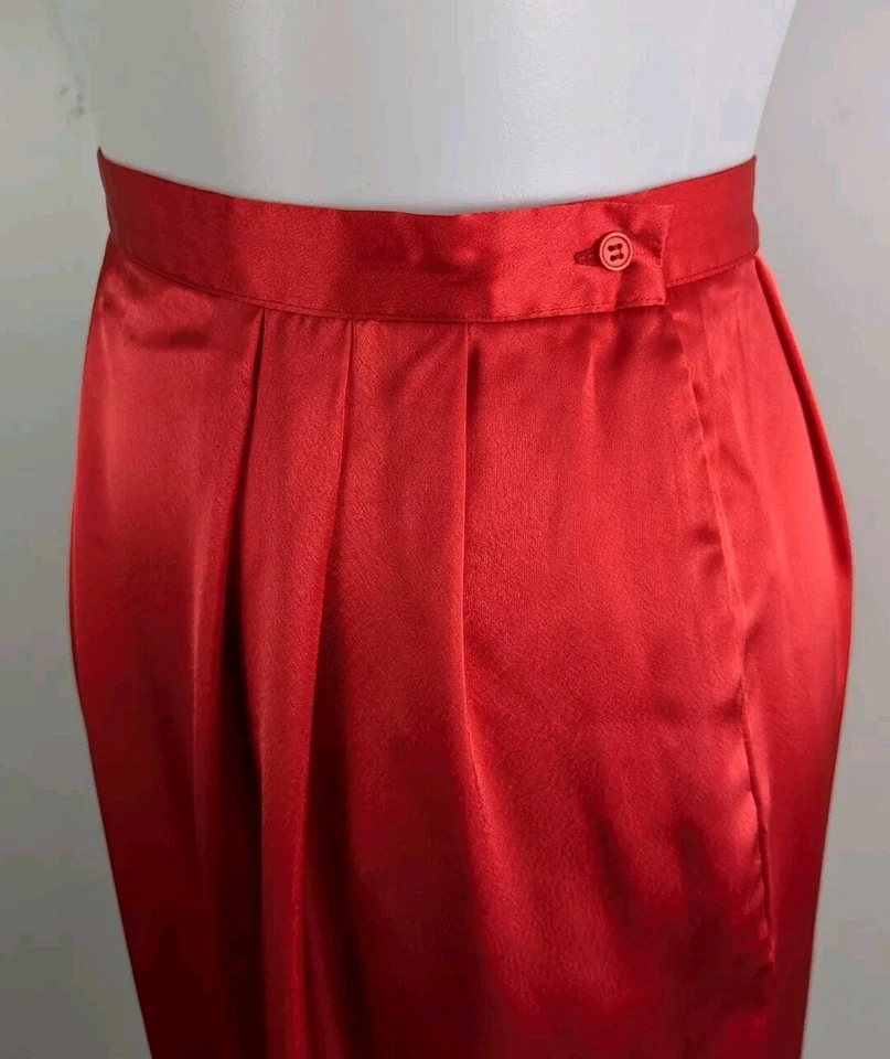 Falda Lápiz Brillante Satén Líquido Años 80 De Colección Rojo Cereza Abertura Lateral Disco Cóctel 27"W Foto 3 de 4