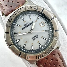 Vintage Timex Exepdition Womens 33mm Watch, Indiglo, Leather Band, New Battery