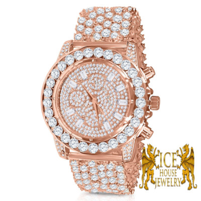 Luxury IceTime Diamond Bling Bezel Rosegold Tone Stainless Steel Wrist Watch. 14k Rose Gold Stainless Steel Mens Watch Iced Simulated  main image 4