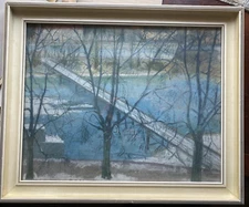 Pastel Painting Trees River Bank Bridge Winter Snow Around 1930 City View