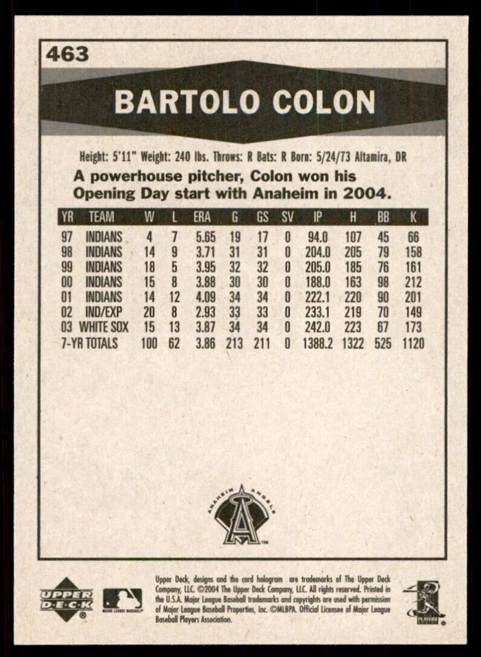 2004 Upper Deck Vintage Update Bartolo Colon Anaheim Angels. #463 - Image 2 of 2