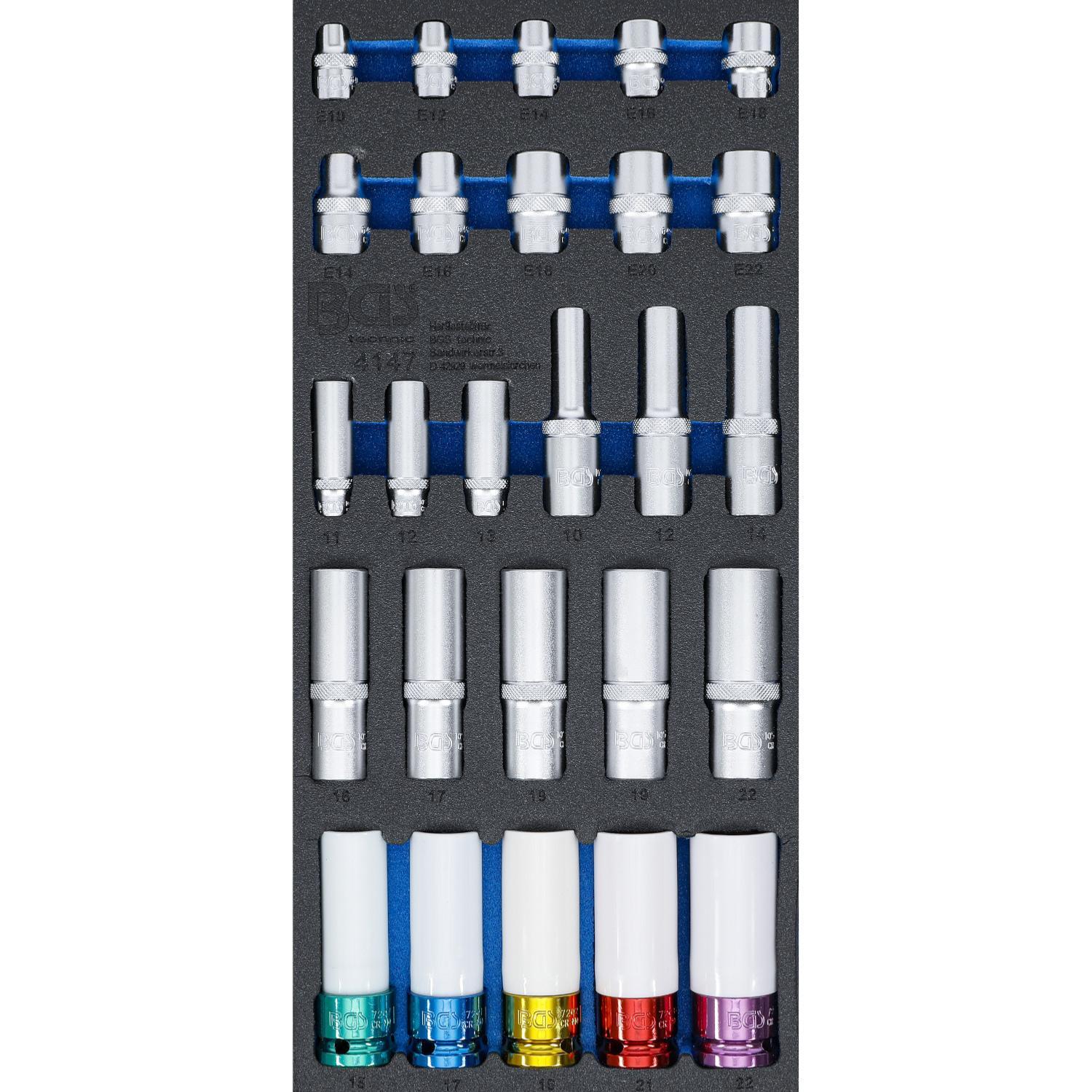 Insert de servante 1/3 douilles 6 pans longues profil E Torx | Module atelier BGS 26 pcs