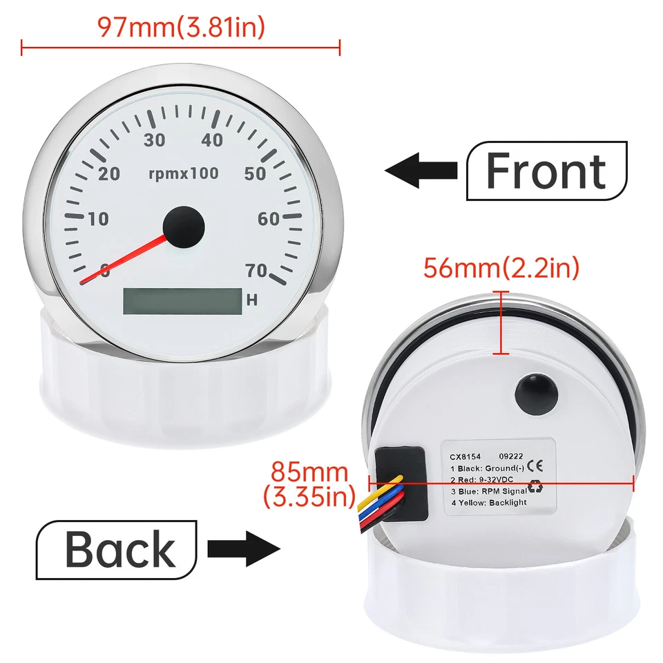 85mm Tacho Meter Tachometer 0-7000RPM Gauge for Marine Boat Car Truck ATV SUV - Image 3 of 4
