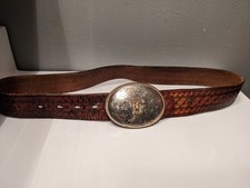 Vintage Adult Brown Engraved Western Leather Belt and Belt Buckle "T" 35 inches