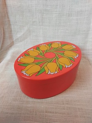 Dose 70er Jahre Plastik orange Blumen oval
