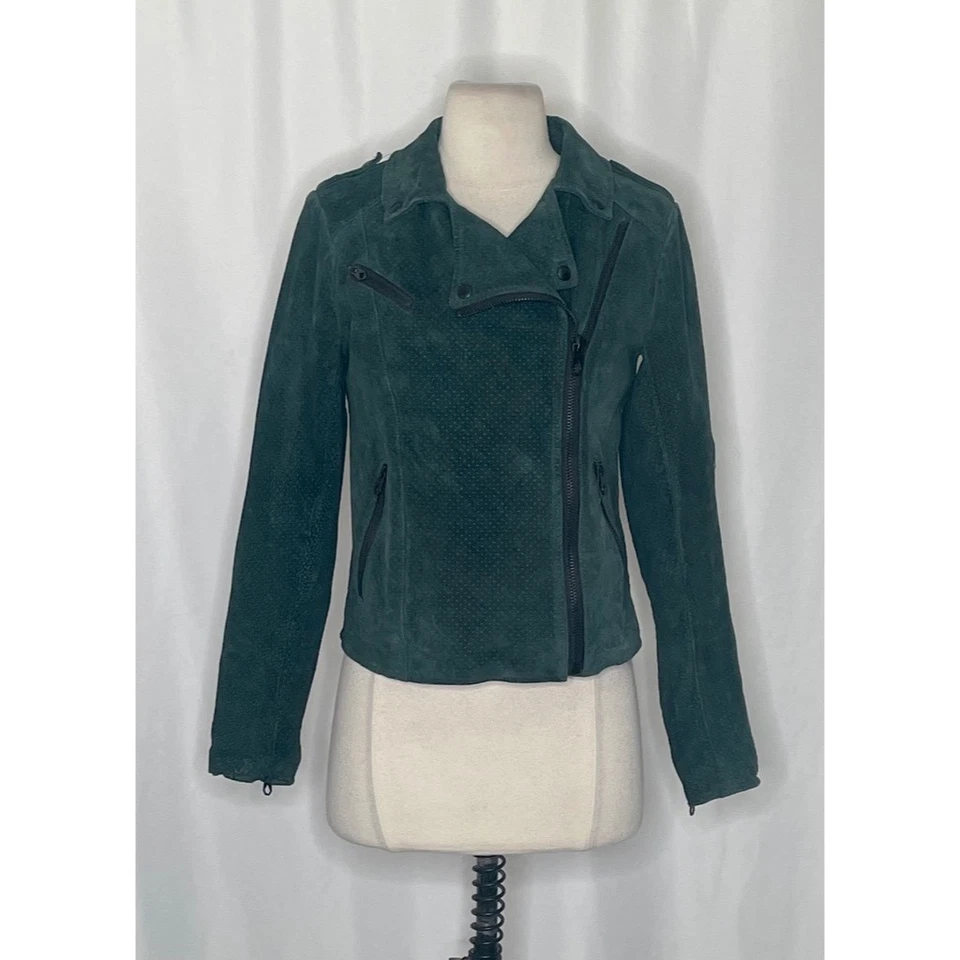 Volcom STONE ROW Suede Motorin’ Moto Jacket Green Floral Lining Motorcycle Small - Image 2 of 4