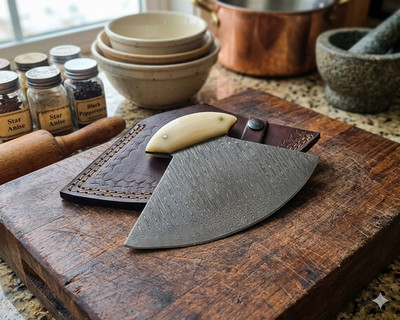 HANDMADE DAMASCUS STEEL MINI ULU KNIFE UNIQUE KITCHEN CHEF TOOL FIXED BLADE.