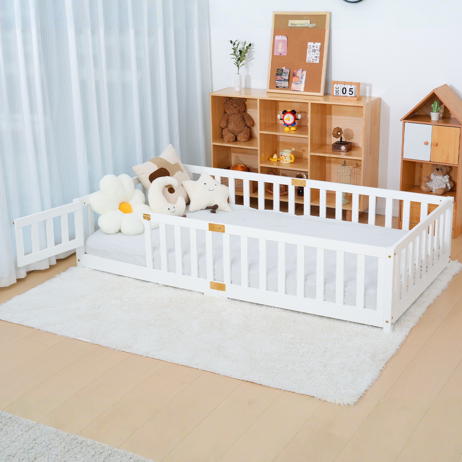 Kids Toddler Bed Frame with Safety Side Rails for 3-8 Years, White