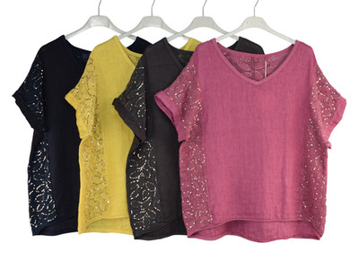 Italienisches Sommertop Lagenlook Pailletten Spitzeneinsatz leichte Baumwolle.