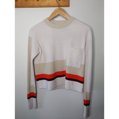 Athleta Trailhead Cropped Sweater Women's XS Cream Red Black Stripe Merino Wool