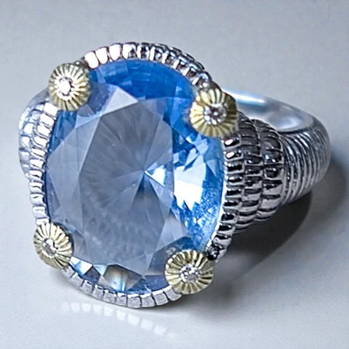 New ListingVintage Judith Ripka Silver Blue Quartz Diamond Cocktail Ring Size 6 18K Gold