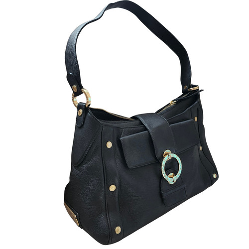 BVLGARI Chandra Black Pebbled Leather Shoulder Bag Logo Ring Flap Well Kept