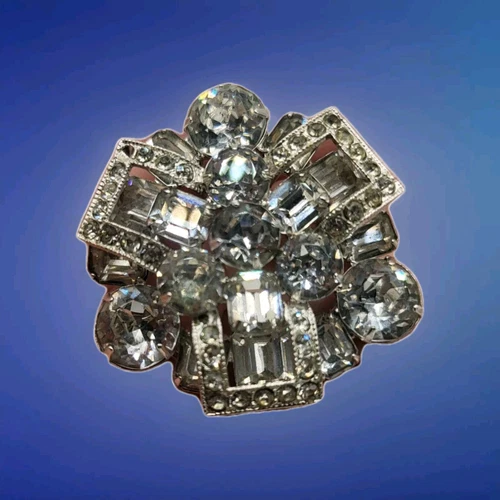 EISENBERG Vintage Signed Art Deco Brooch Pin Rhinestone Silver Tone 1950's