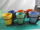 Vintage BAUER Pottery Ringware 6 oz tumblers w/ wood & copper handles Set of 6